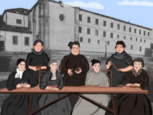 Ilustración de les cigarreres de María Ortiz cartelu charra de 'Asturianes'